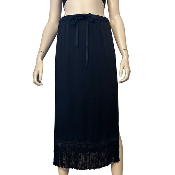 Zara Woman Black Satin Midi Skirt Fringe Tassel Hemline Pockets High Slit Leg - Picture 3 of 15